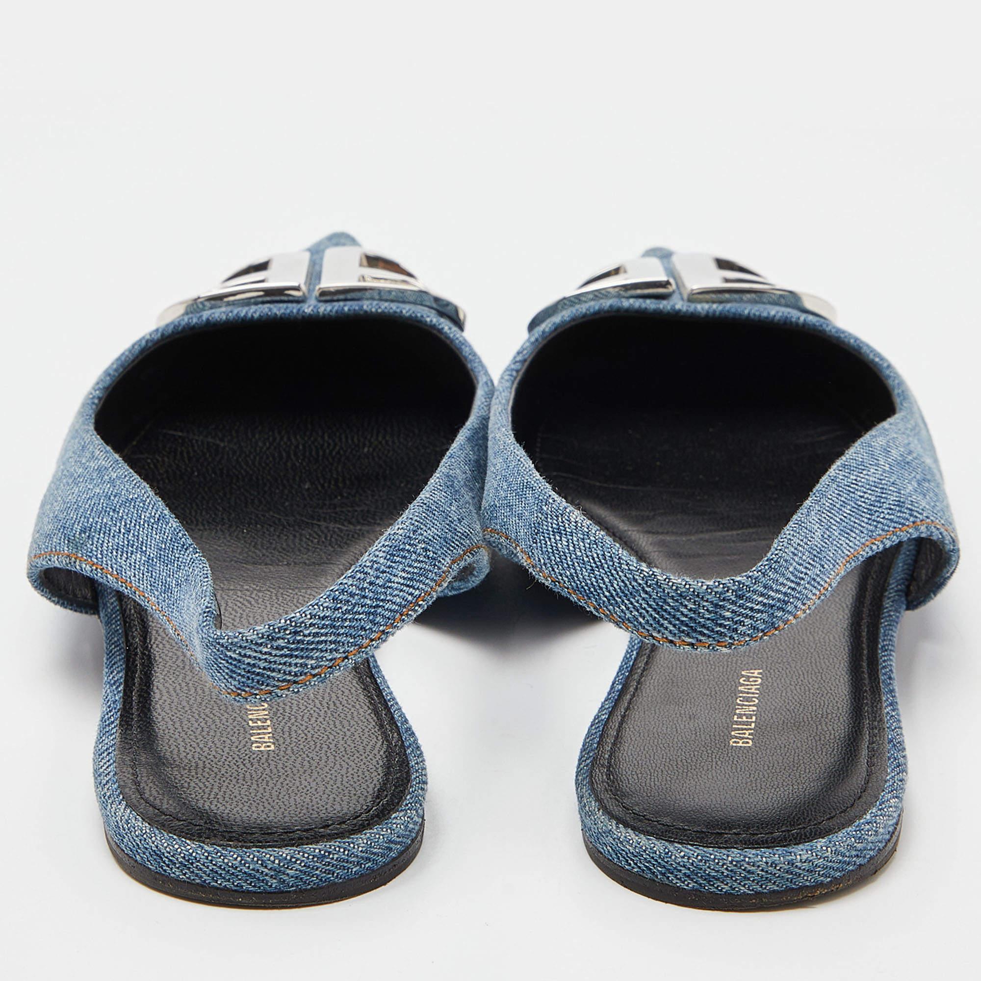 Balenciaga Blue Denim BB Knife Slingback Flat Sandals Size 35.5 For Sale 2