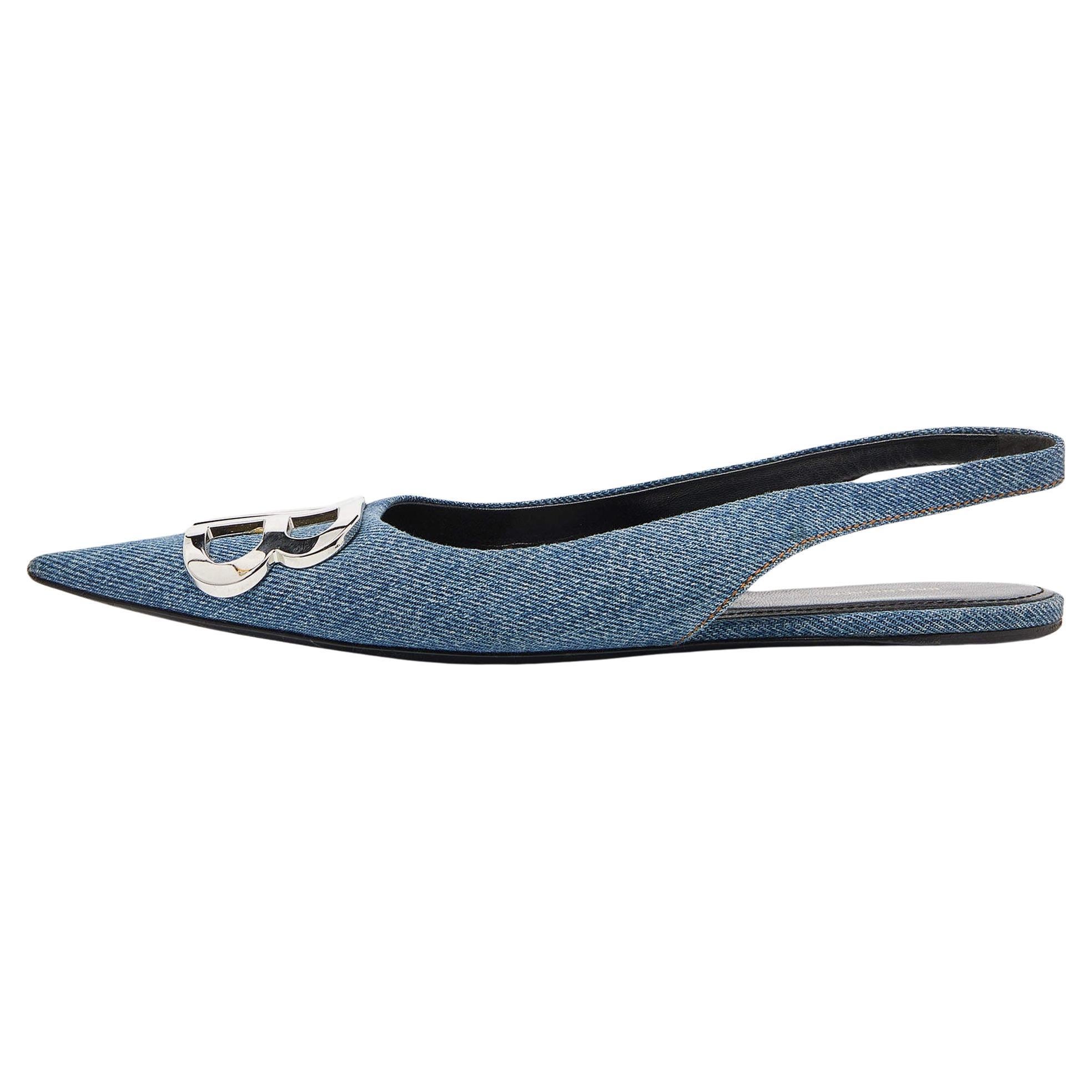 Balenciaga Blue Denim BB Knife Slingback Flat Sandals Size 35.5 For Sale