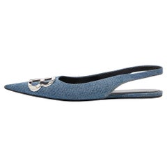 Used Balenciaga Blue Denim BB Knife Slingback Flat Sandals Size 35.5