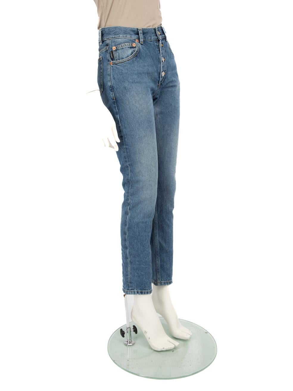 CONDITION is Very good. Hardly any visible wear to the jeans is evident on this used Balenciaga designer resale item.
  
  
  
  Details
  
  
  Blue
  
  Denim
  
  Jeans
  
  Skinny fit
  
  High rise
  
  Button up fastening
  
  Distressed