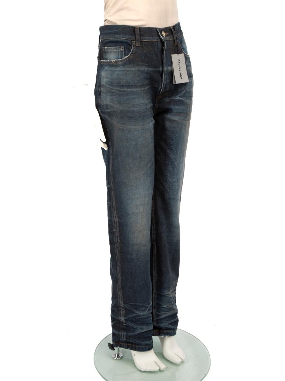 CONDITION is Never worn, with tags. No visible wear to the jeans is evident on this new Balenciaga designer resale item.
 
 
 
 Details
 
 
 Unisex
 
 Blue
 
 Denim
 
 Jeans
 
 Straight fit
 
 High rise
 
 Button up fastening
 
 3x Front pockets
 

