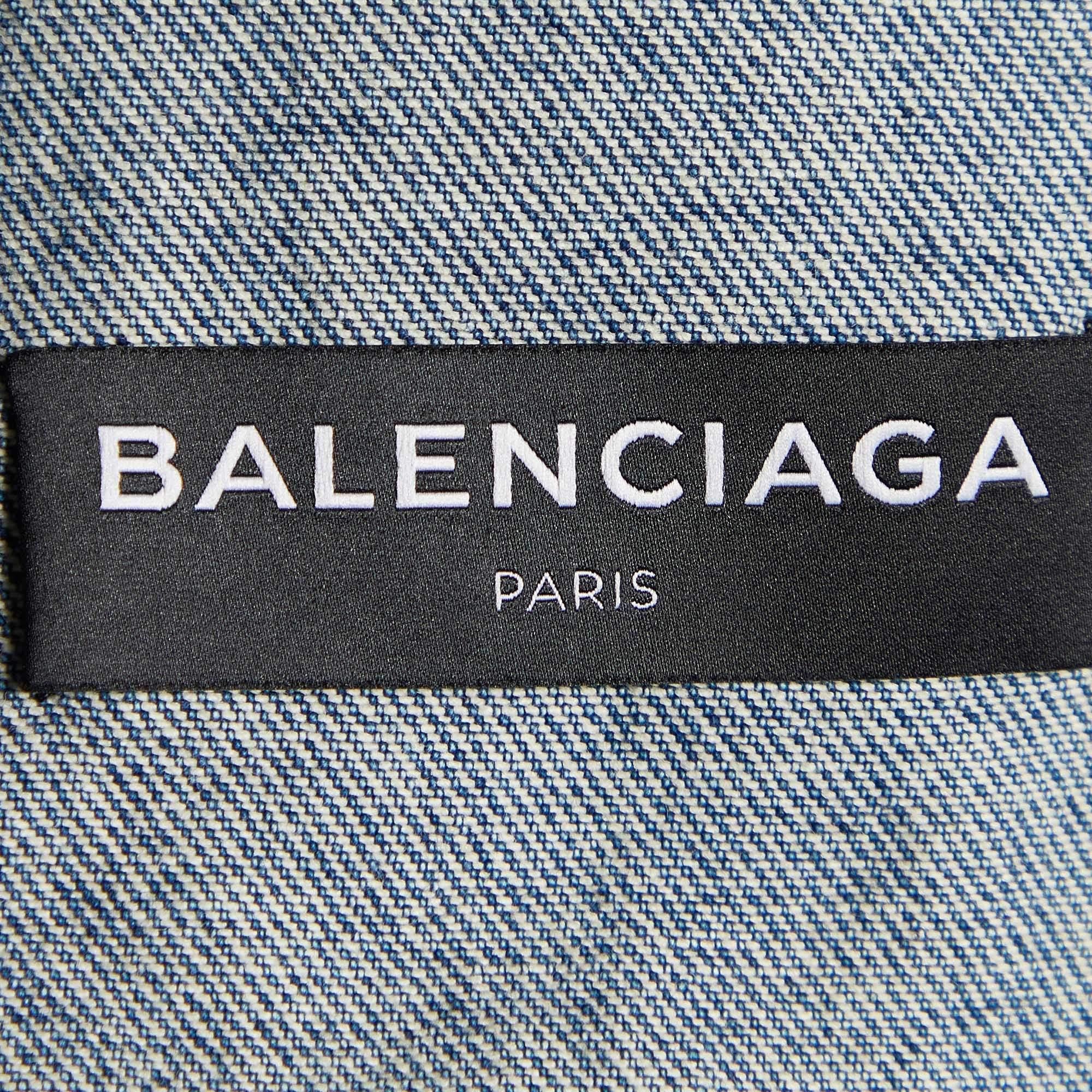 Balenciaga Blue Distressed Demin Logo Embroidered Jacket XXL For Sale 1