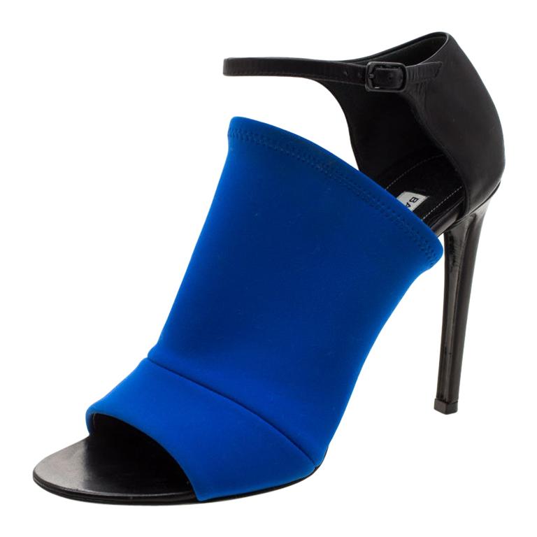Balenciaga Blue Fabric Leather Neoprone Peep-Toe Ankle Strap Pumps Size ...