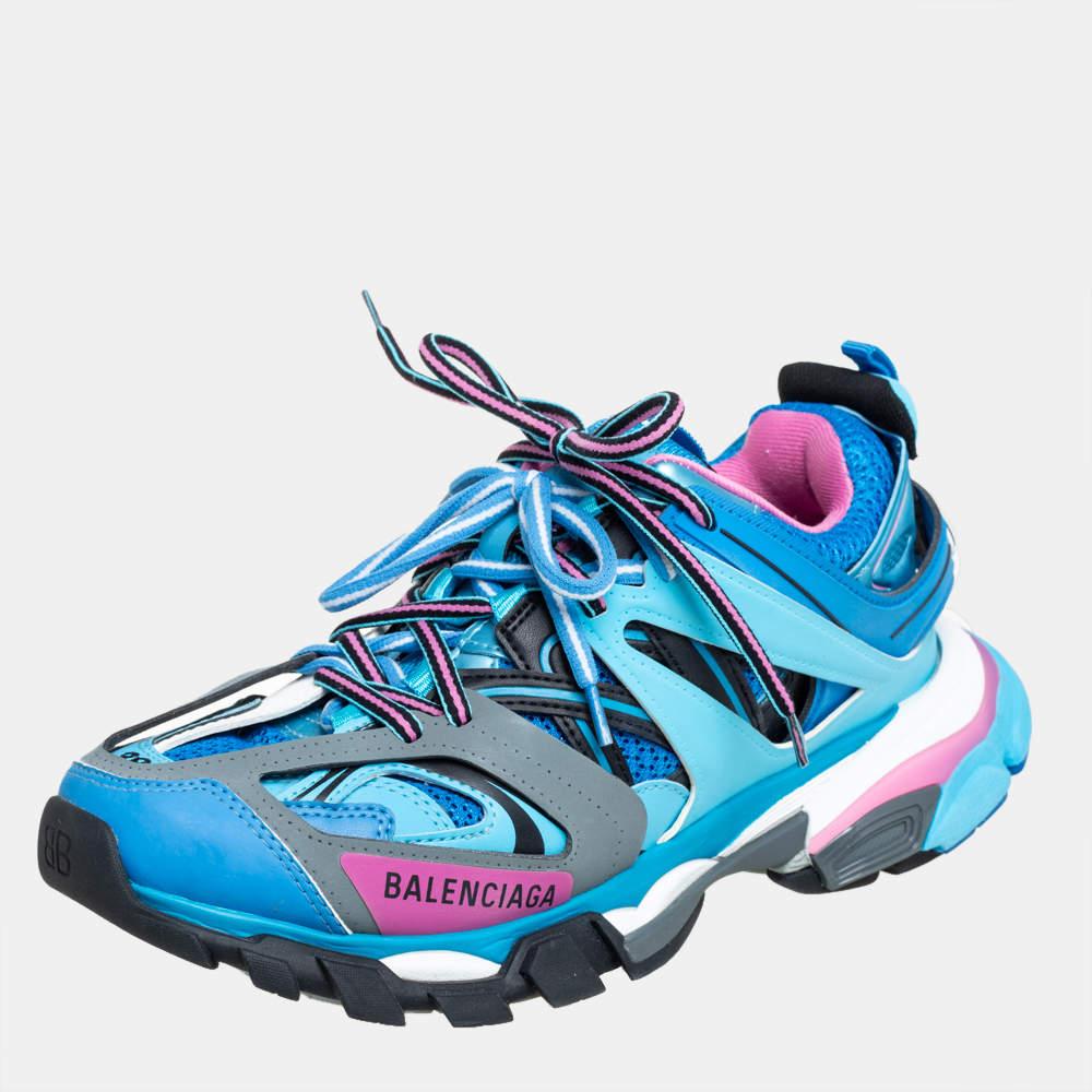 Balenciaga Blue Faux Leather And Mesh Track Sneakers Size 38 Bon état à Dubai, Al Qouz 2