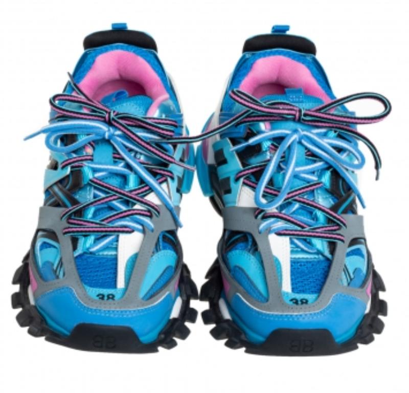 Balenciaga Blue Faux Leather And Mesh Track Sneakers Size 38 For Sale 1