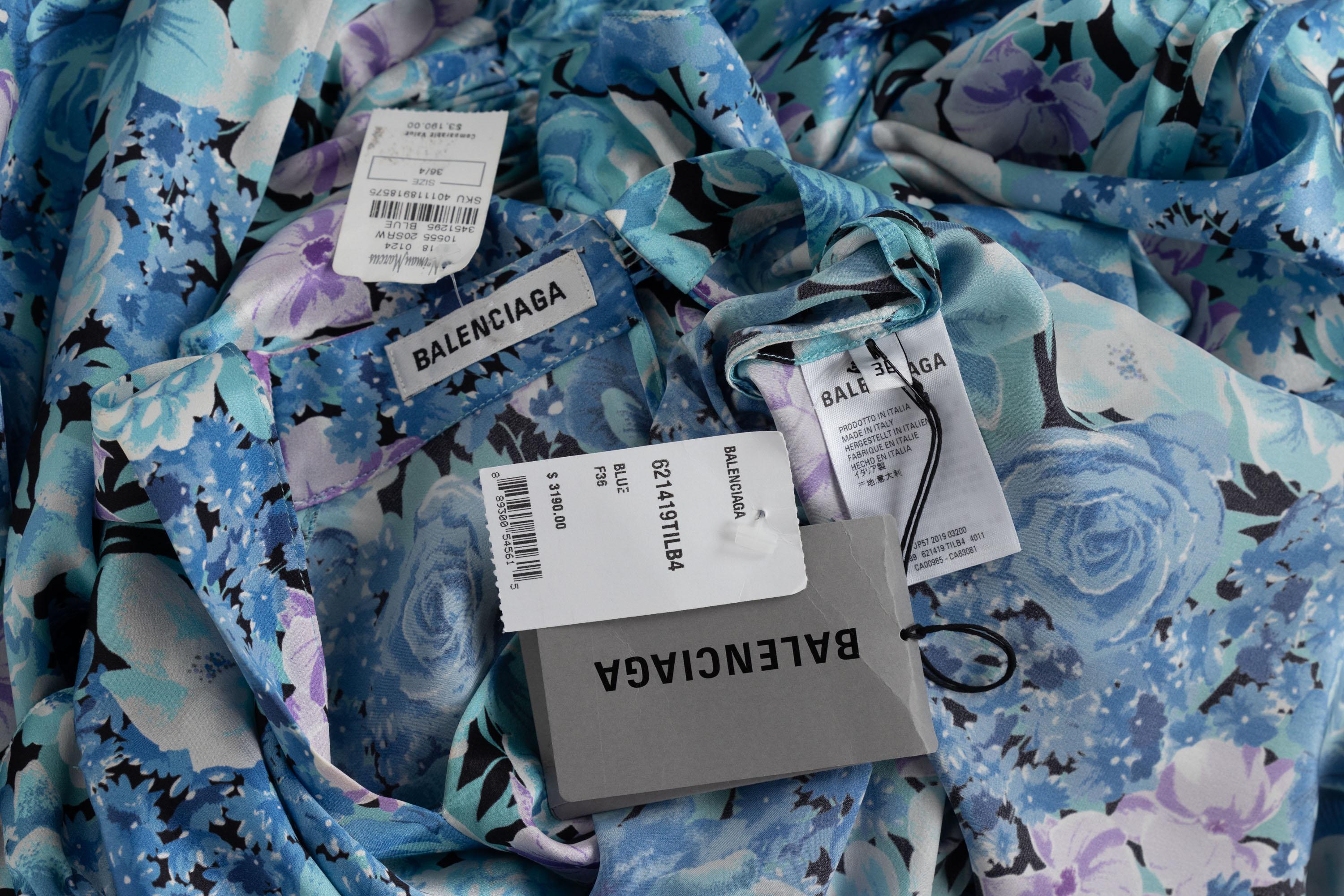 Balenciaga Blue floral print ruffle Satin Midi Dress Spring 2020 For Sale 3