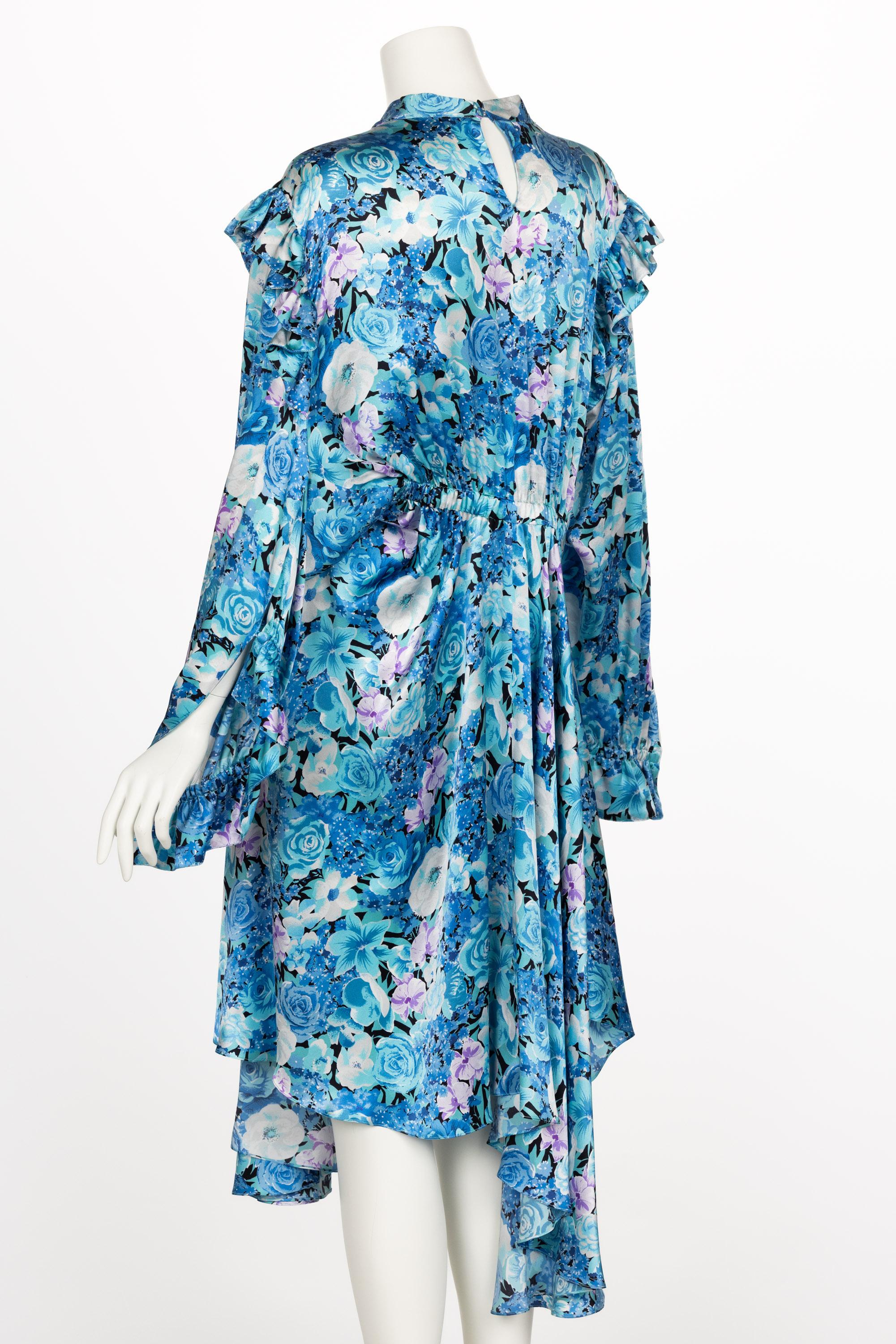 Balenciaga Blue floral print ruffle Satin Midi Dress Spring 2020 In Excellent Condition For Sale In Boca Raton, FL