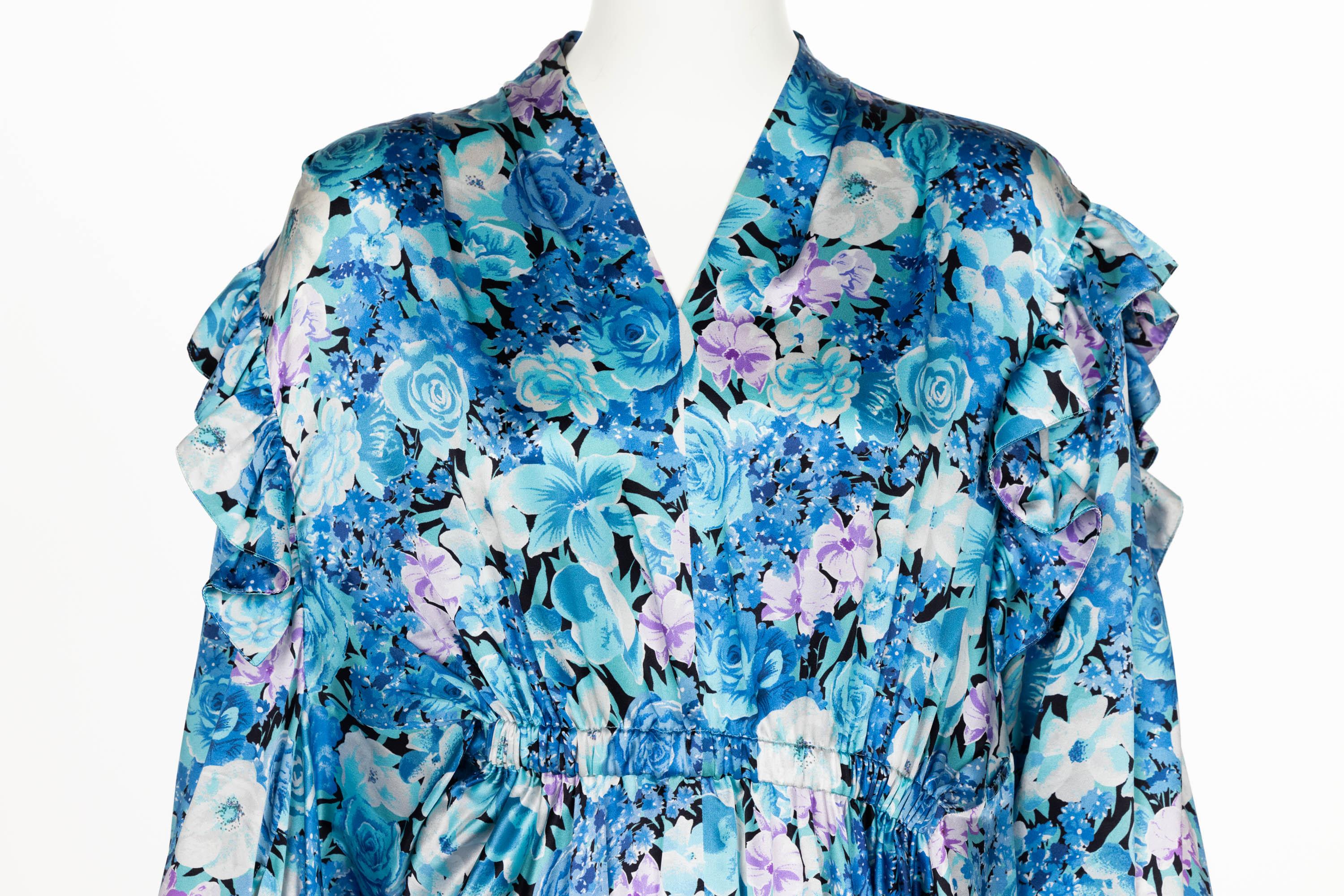 Women's Balenciaga Blue floral print ruffle Satin Midi Dress Spring 2020 For Sale