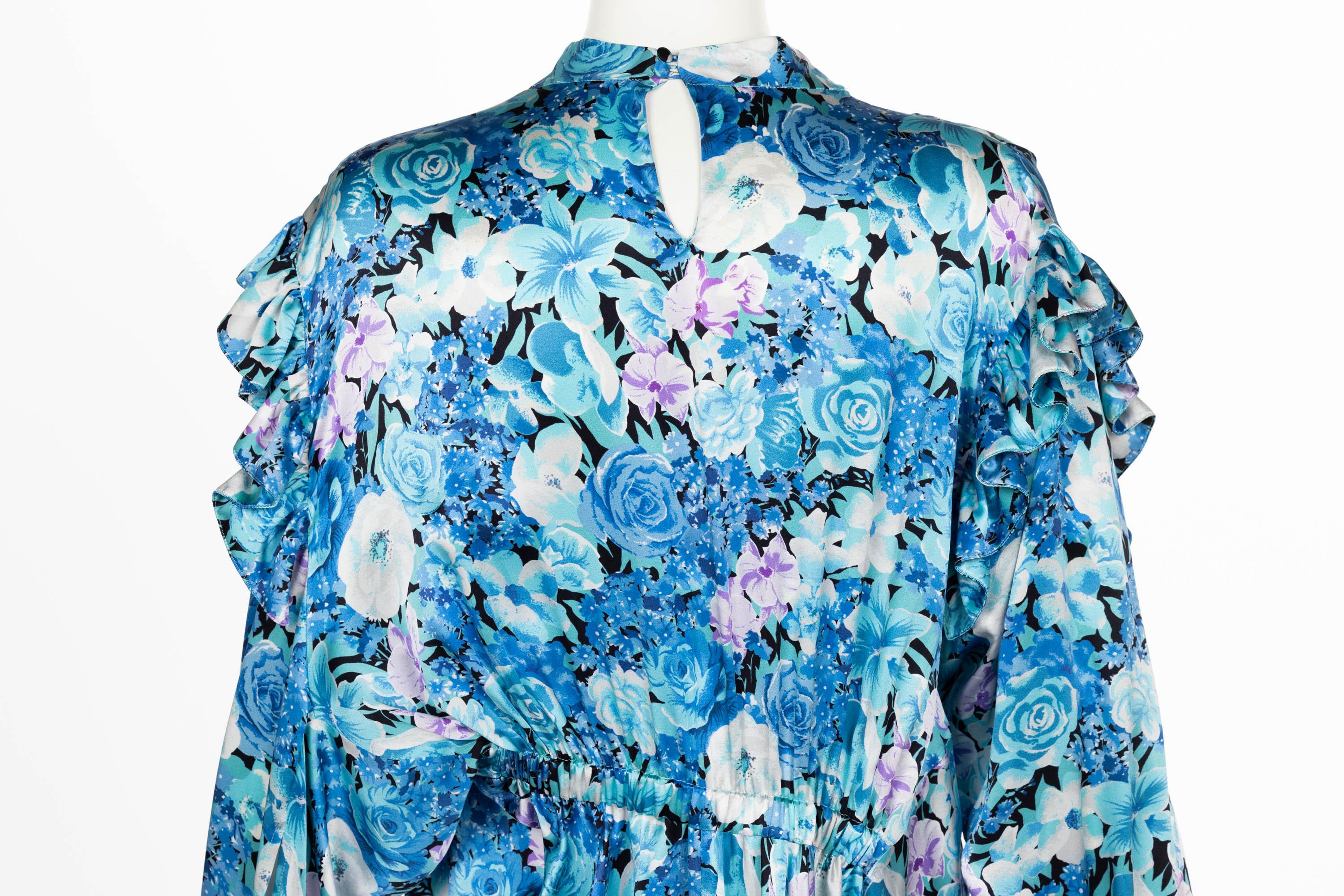 Balenciaga Blue floral print ruffle Satin Midi Dress Spring 2020 For Sale 1