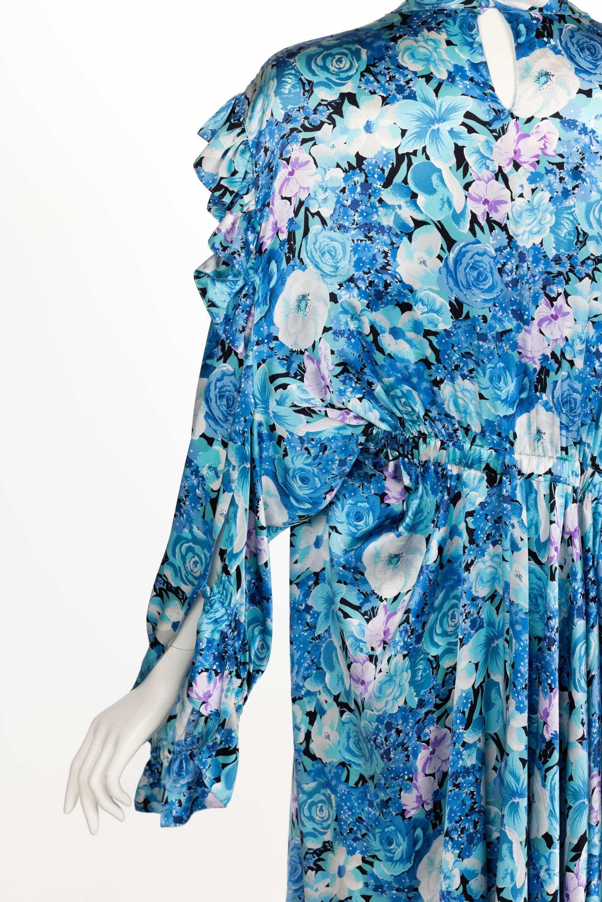 Balenciaga Blue floral print ruffle Satin Midi Dress Spring 2020 2