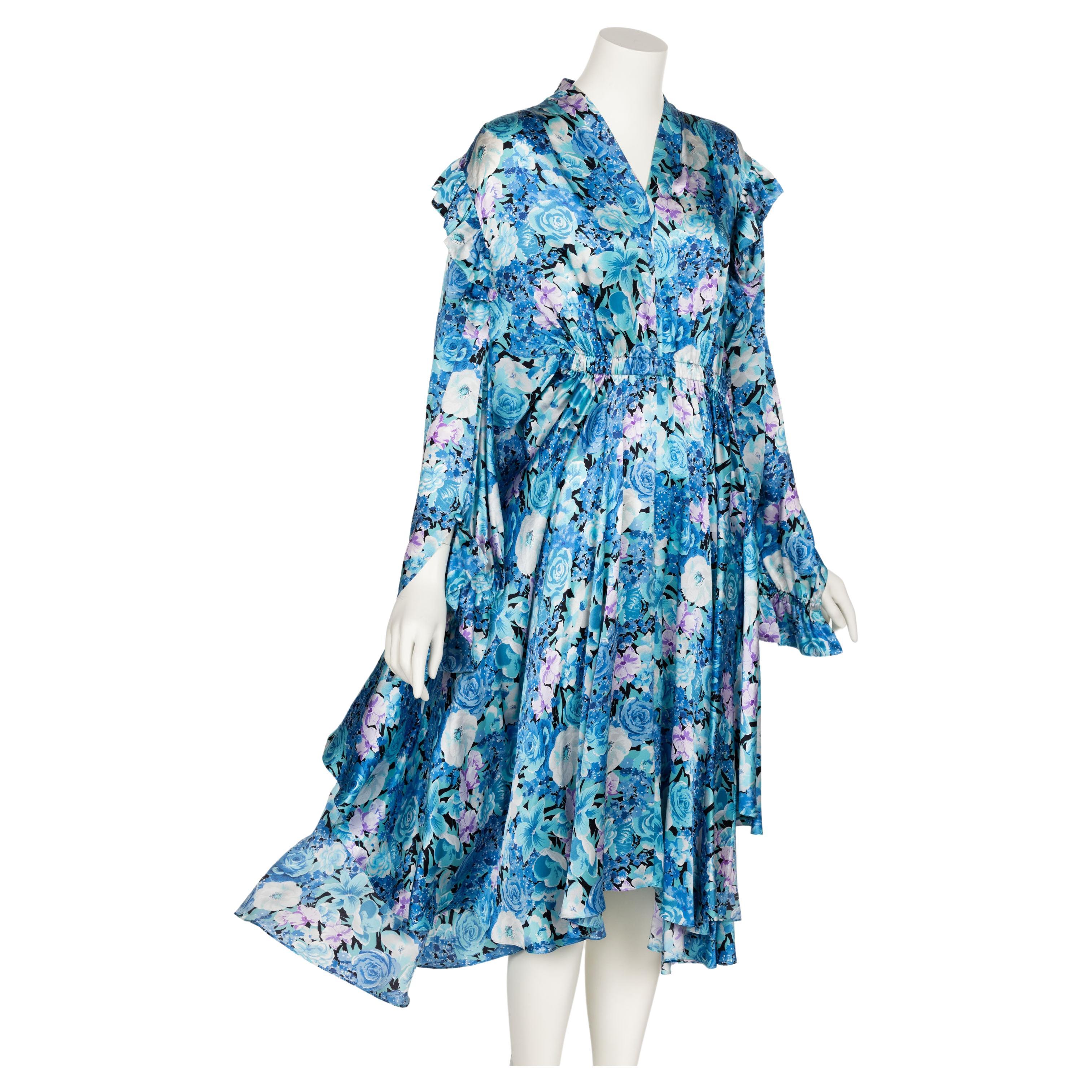 Balenciaga Blue floral print ruffle Satin Midi Dress Spring 2020 For Sale