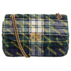 BALENCIAGA blu verde LOGO TARTAN BB CHAIN MEDIUM ROUND Borsa a tracolla