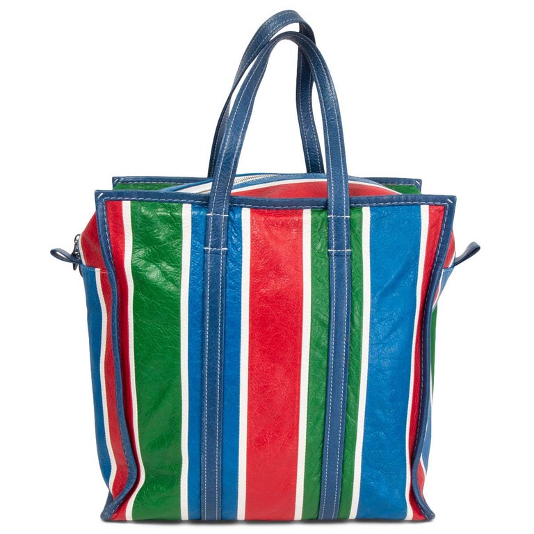 BALENCIAGA blue green red leather 2017 STRIPED BAZAR LARGE SHOPPER Bag For  Sale at 1stDibs