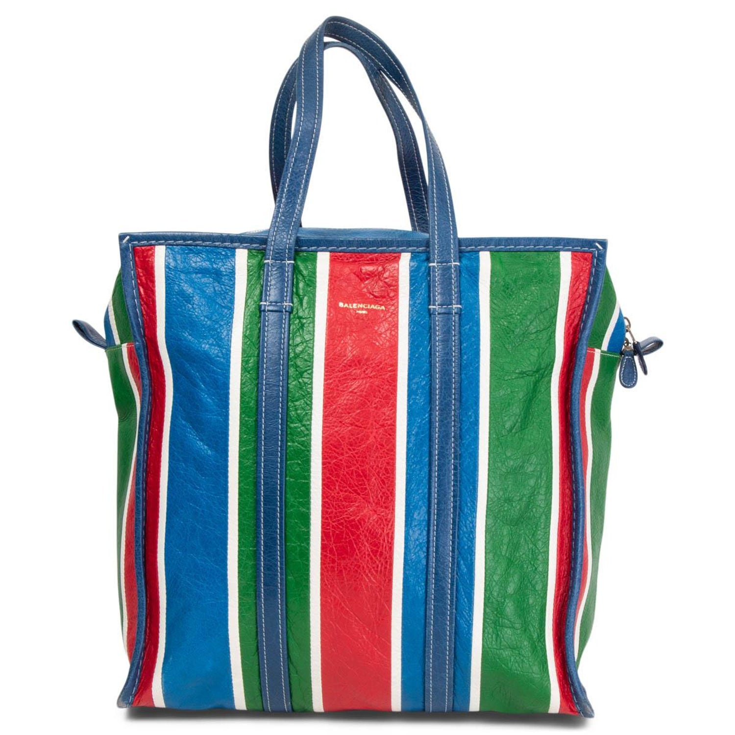 BALENCIAGA blue green red leather 2017 STRIPED BAZAR LARGE SHOPPER Bag For  Sale at 1stDibs