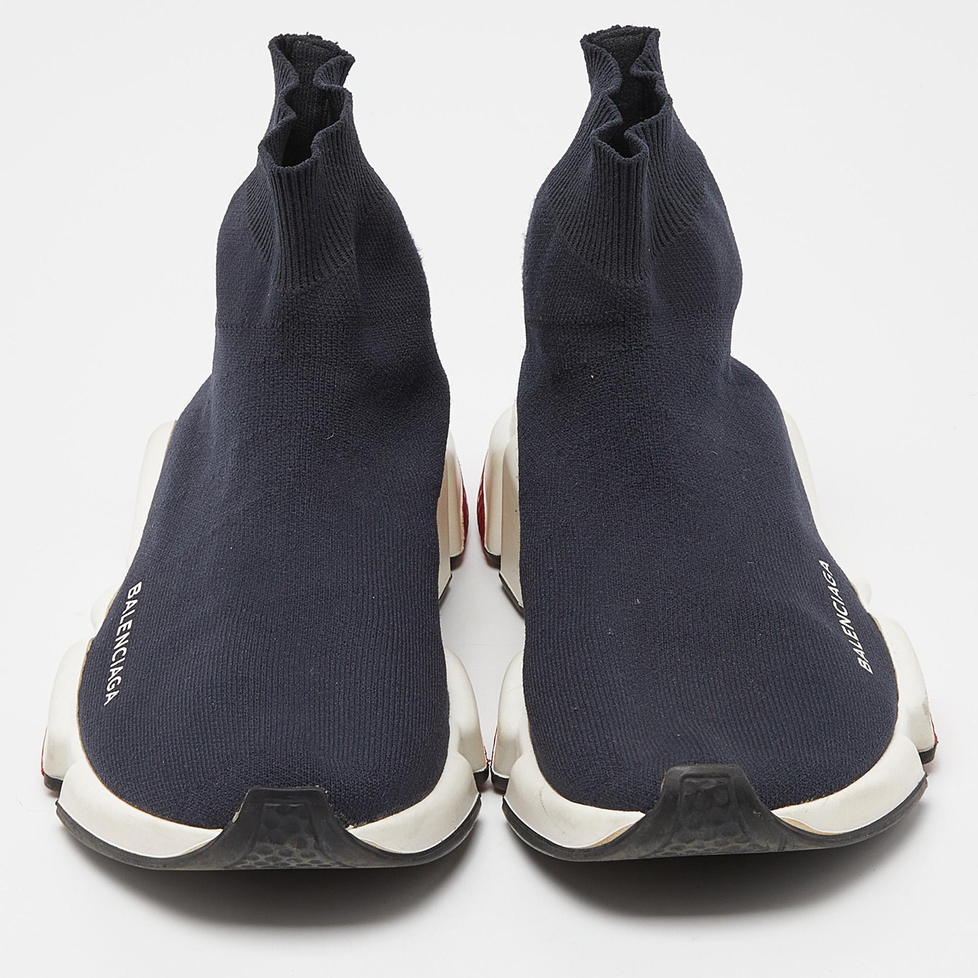 Black Balenciaga Blue Knit Fabric Speed Trainer High Top Sneakers Size 39