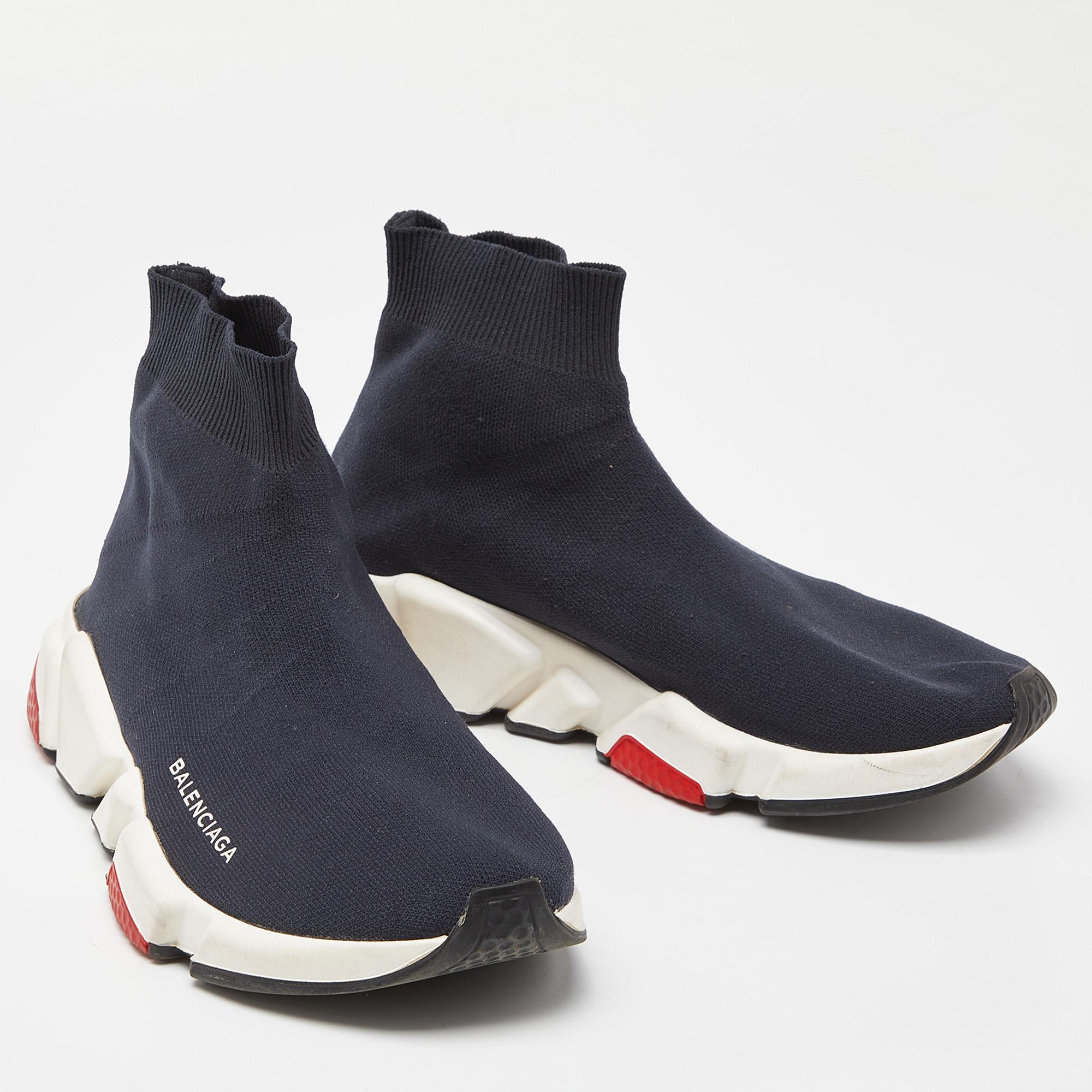 Balenciaga Blue Knit Fabric Speed Trainer High Top Sneakers Size 39 In Fair Condition In Dubai, Al Qouz 2