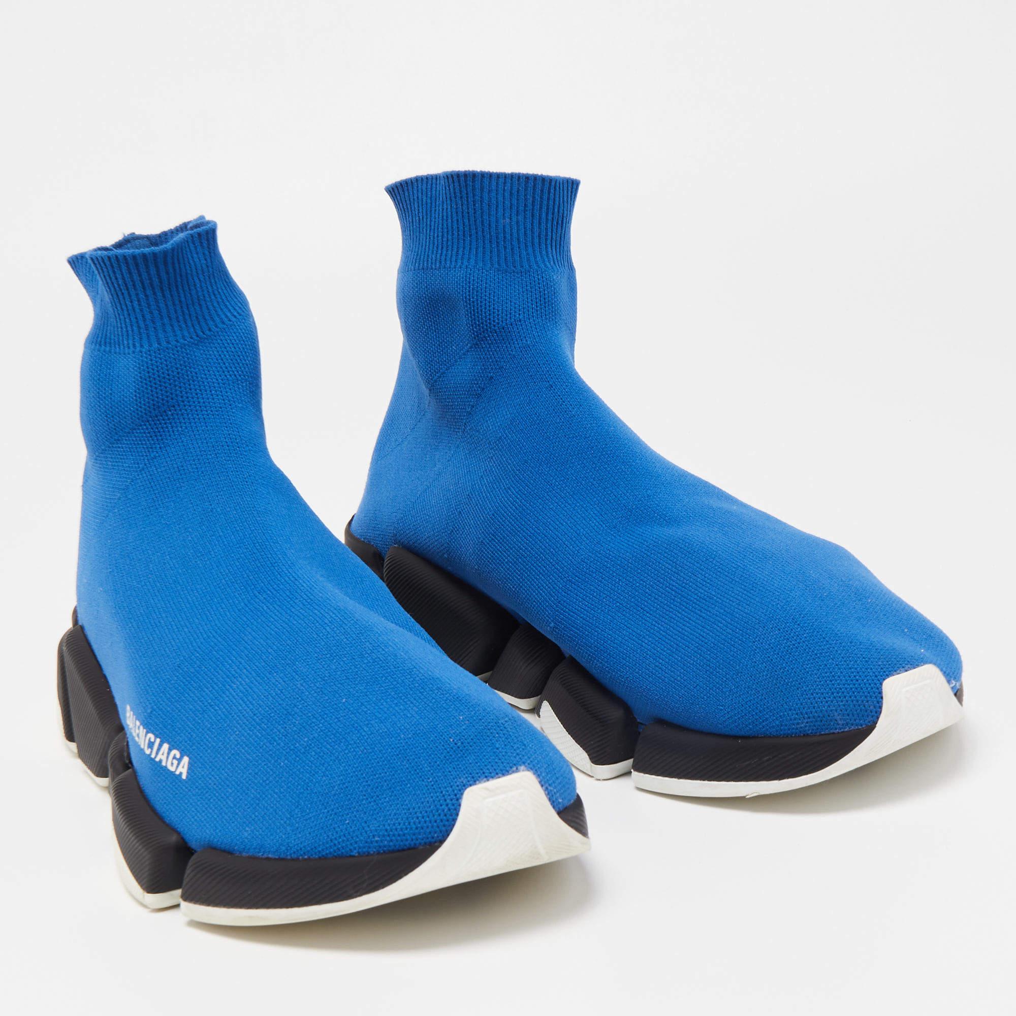 Balenciaga Blue Knit Fabric Speed Trainer High Top Sneakers Size 43 In Good Condition In Dubai, Al Qouz 2