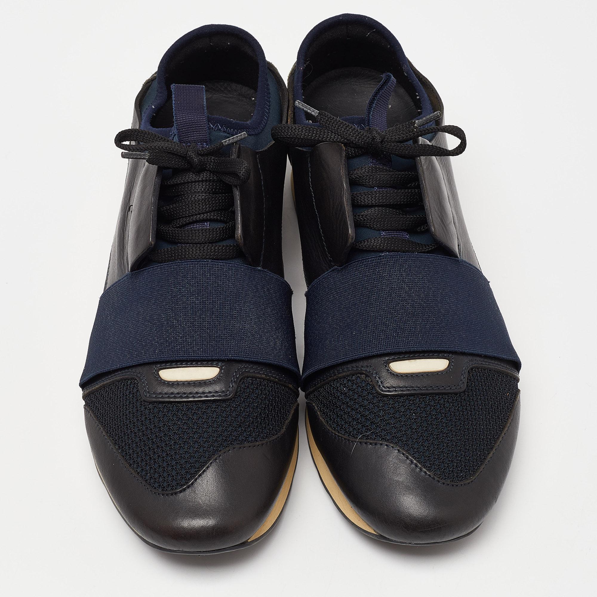 Black Balenciaga Blue Leather and Mesh Race Runner Sneakers Size 42 For Sale