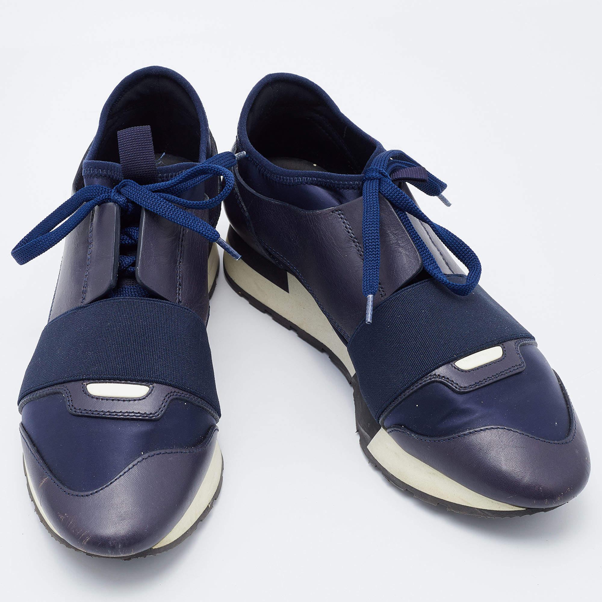 Black Balenciaga Blue Leather and Satin Race Runner Sneakers Size 37 For Sale