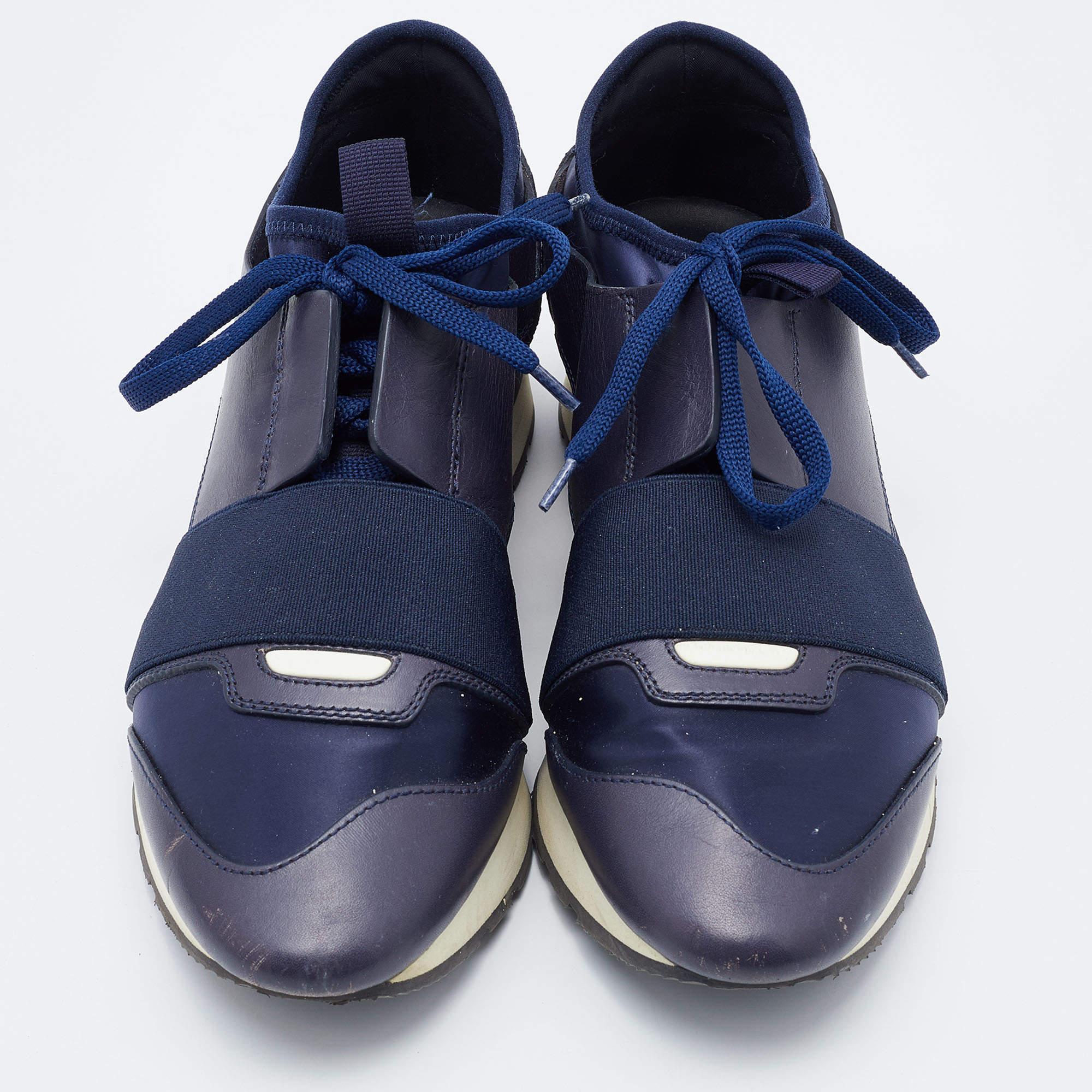 Balenciaga Blue Leather and Satin Race Runner Sneakers Size 37 For Sale 1