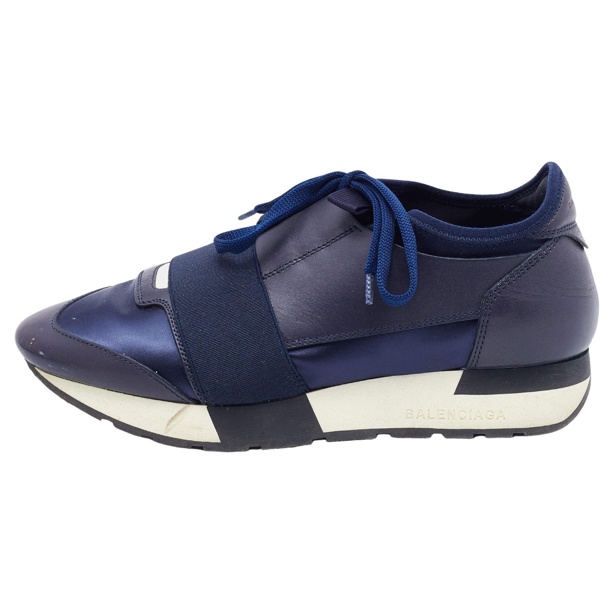 Balenciaga Blue Leather and Satin Race Runner Sneakers Size 37 For Sale