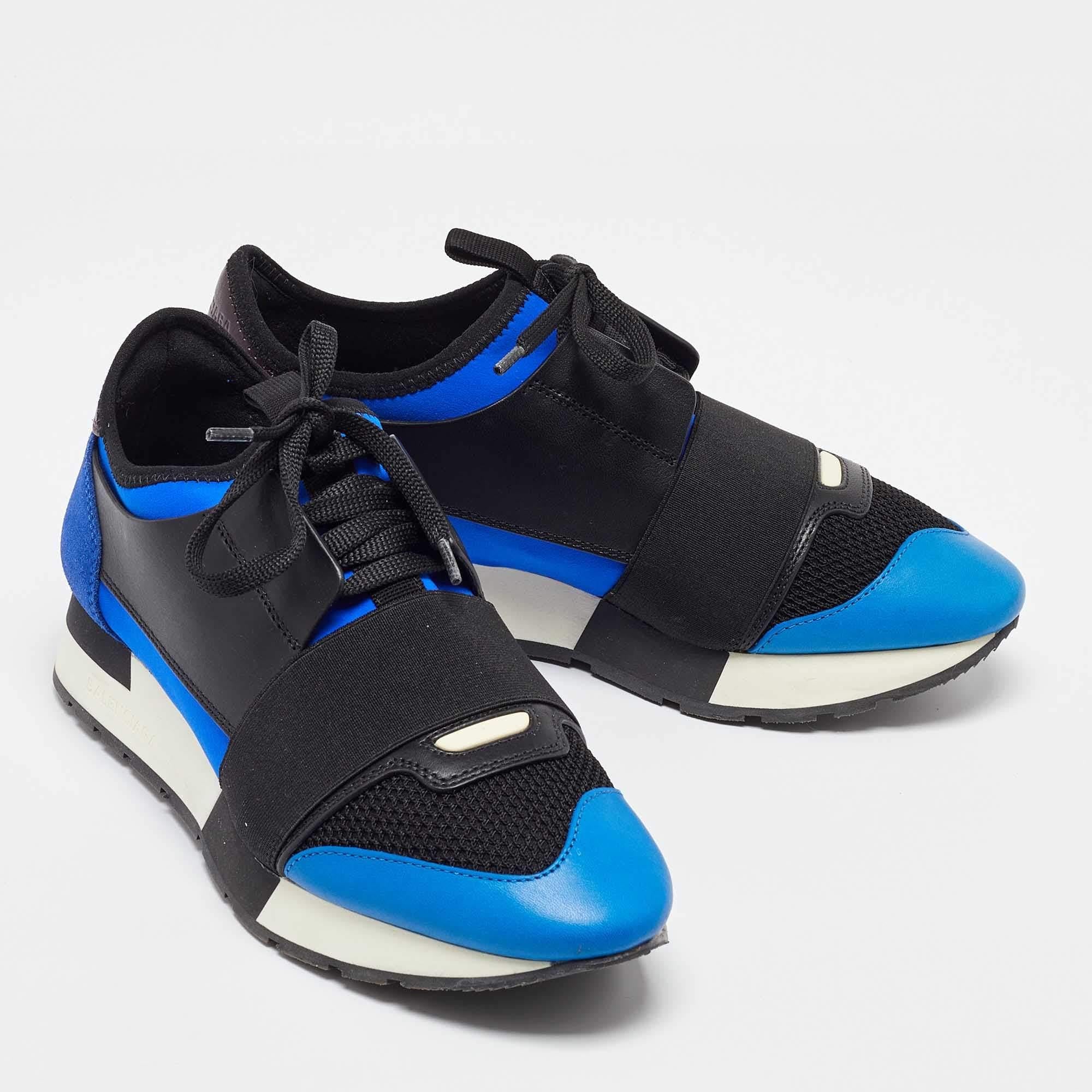 Women's Balenciaga Blue Leather  Mesh and Suede Race Runner Low Top Sneakers Size 37 For Sale