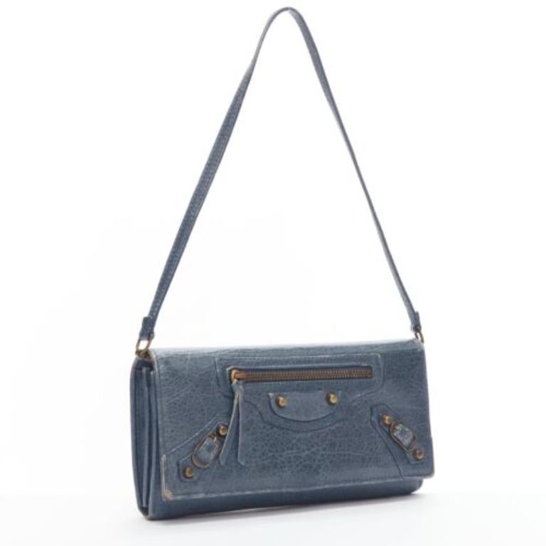 Gray BALENCIAGA blue leather motorcycle long wallet on chain cluch bag