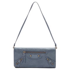 BALENCIAGA blue leather motorcycle long wallet on chain cluch bag