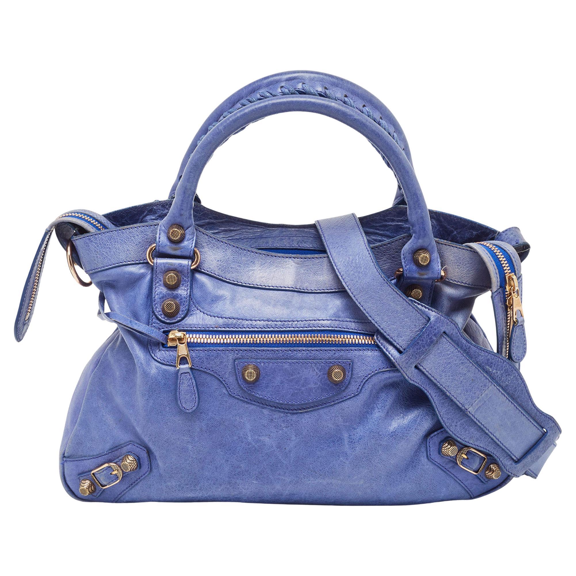 Balenciaga Blue Leather Rose Gold Hardware Classic Town Bag For Sale