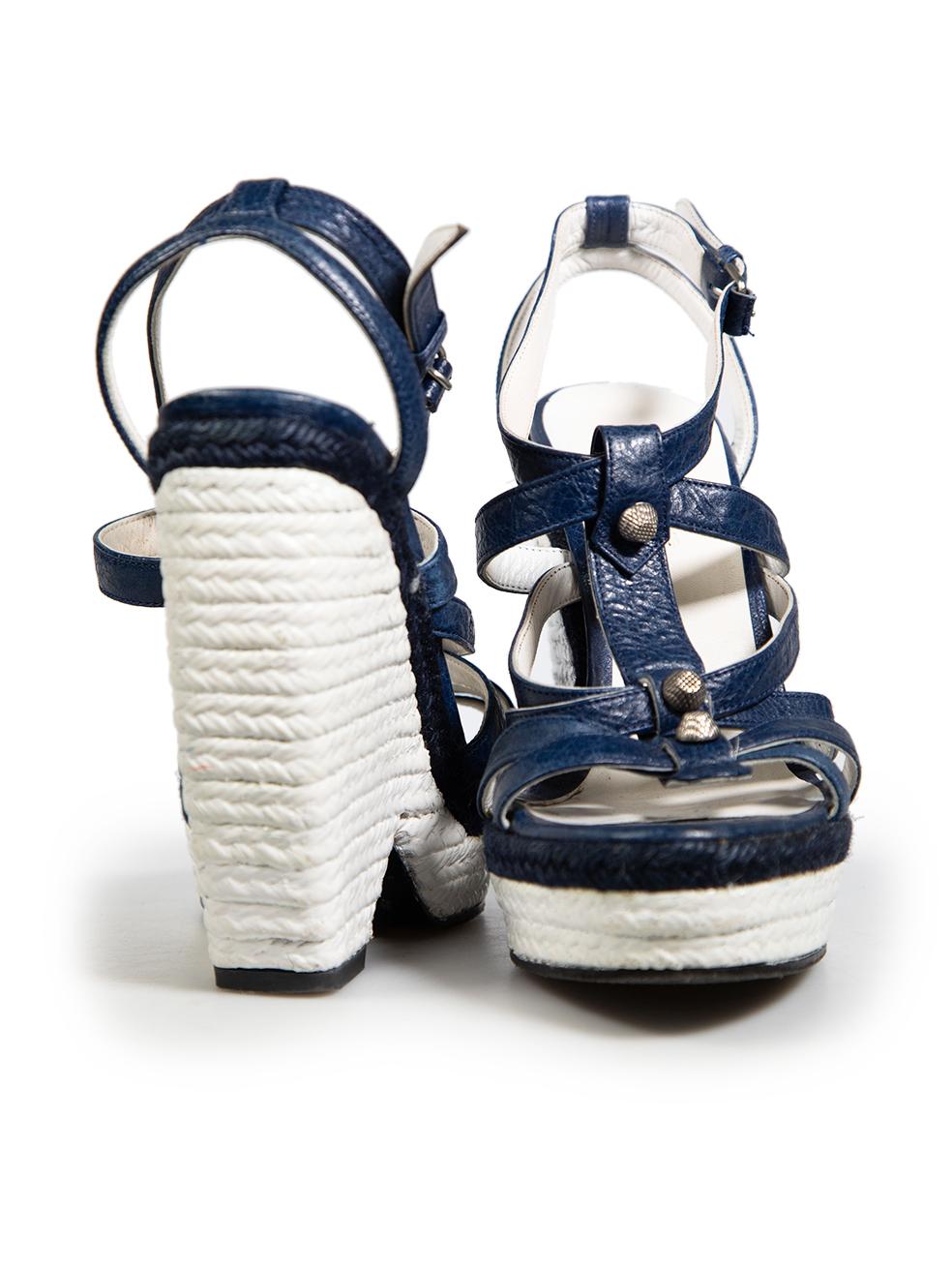 Gray Balenciaga Blue Leather Wedge Sandals Size IT 37 For Sale