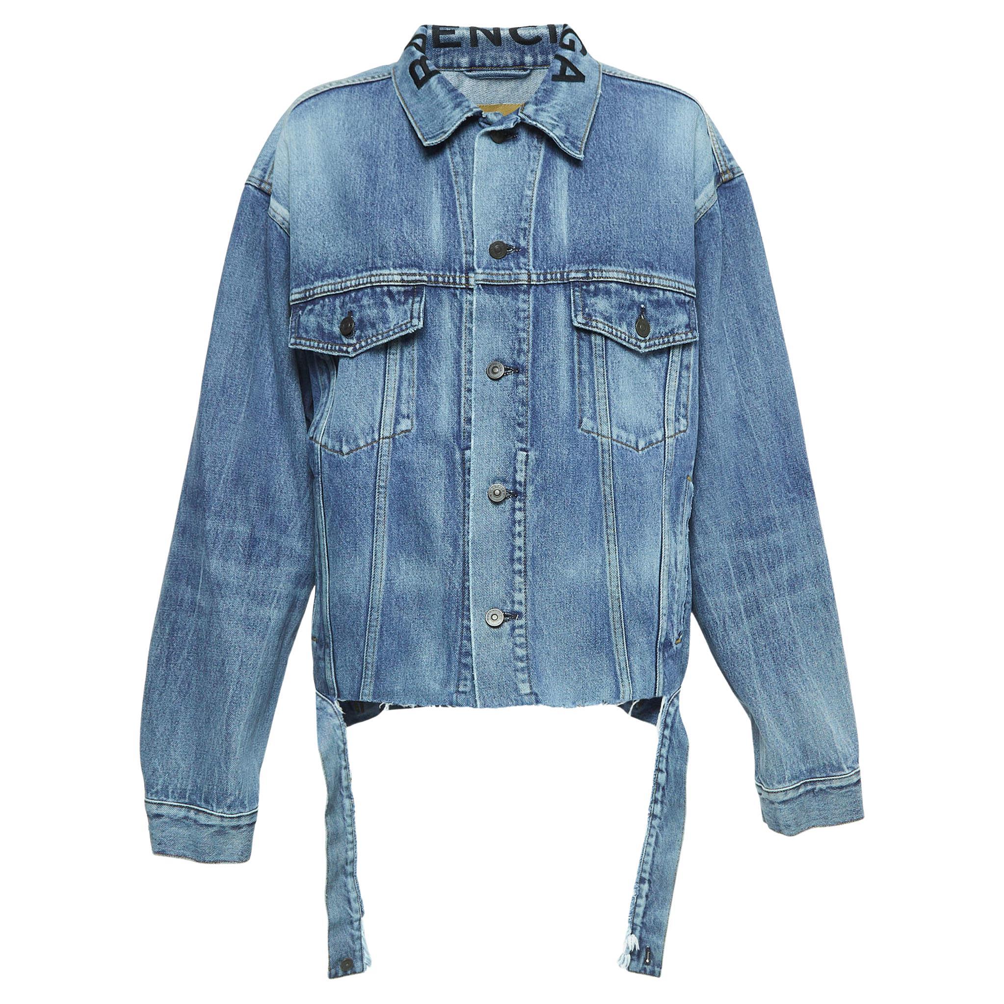 Balenciaga Blue Logo Embroidery Destroyed Denim Oversized Jacket L