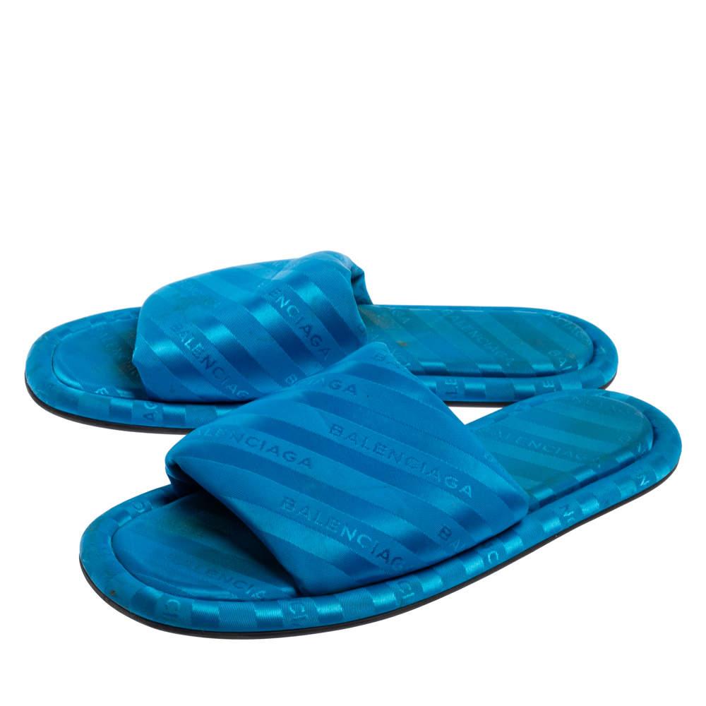 Women's Balenciaga Blue Logo Fabric Hotel Flat Slides Size 40