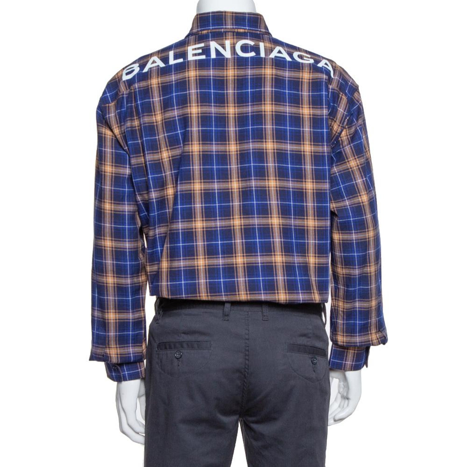 Balenciaga Blue Logo Print Checked Cotton Flannel Oversized Shirt M at  1stDibs