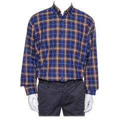 Balenciaga Blue Logo Print Checked Cotton Flannel Oversized Shirt M