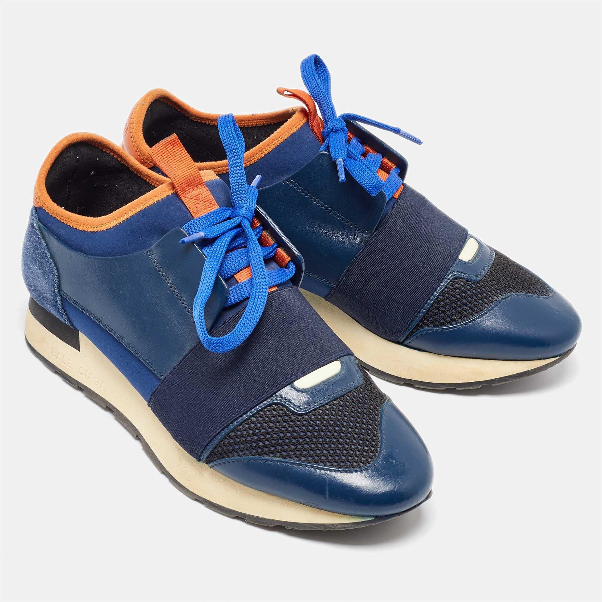 Women's Balenciaga Blue Mesh and Leather Race Runner Low Top Sneakers Size 37 For Sale