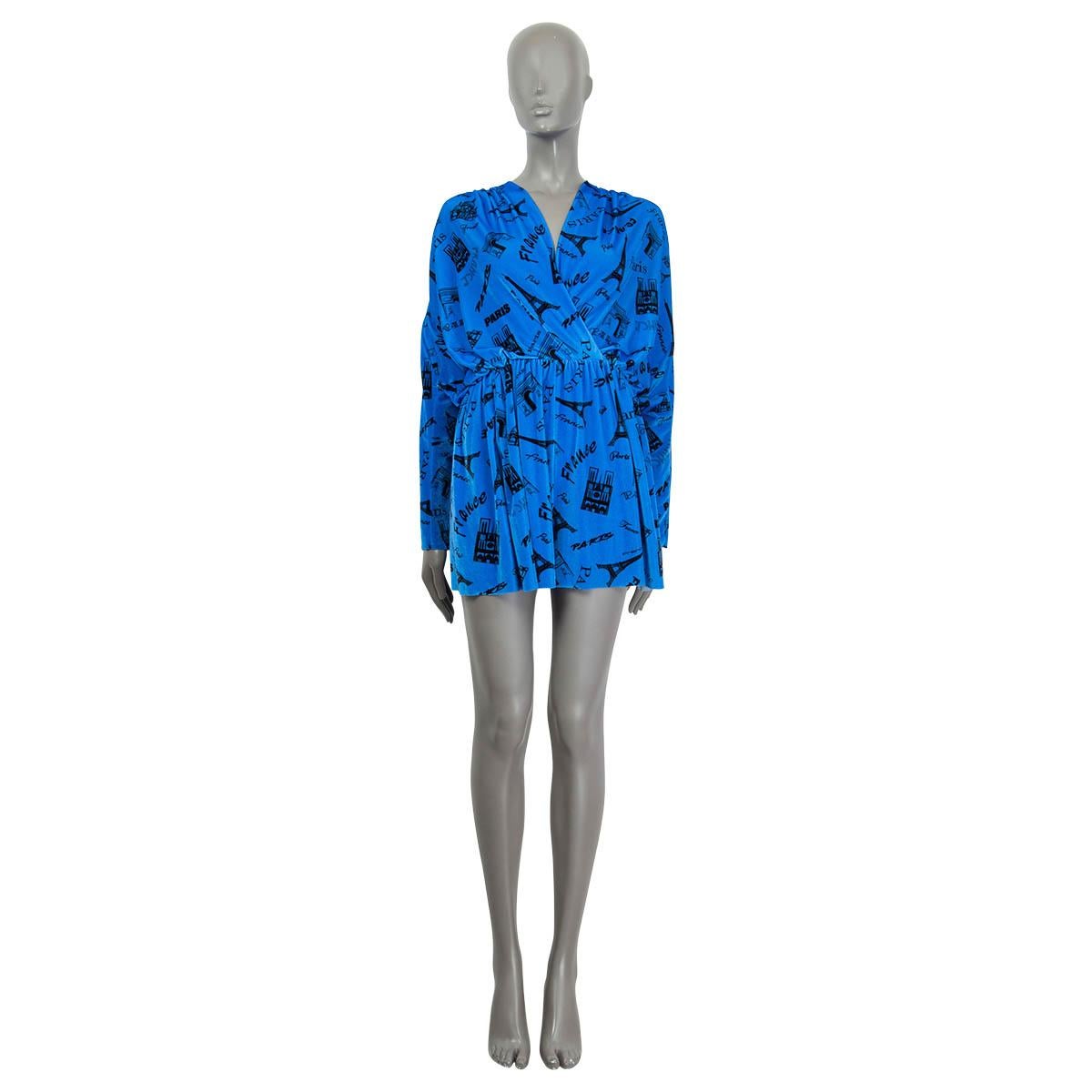 100% authentic Balenciaga Paris printed jumpsuit in electric blue and black stretch-velvet (polyamide (85%) and elastane (15%)). Features long sleeves and ruched shoulders. Unlined. Has been worn and is in excellent condition.

Measurements
Tag