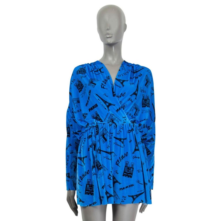 BALENCIAGA blue PARIS PRINT STRETCH VELVET SHORT Jumpsuit 36 XS
