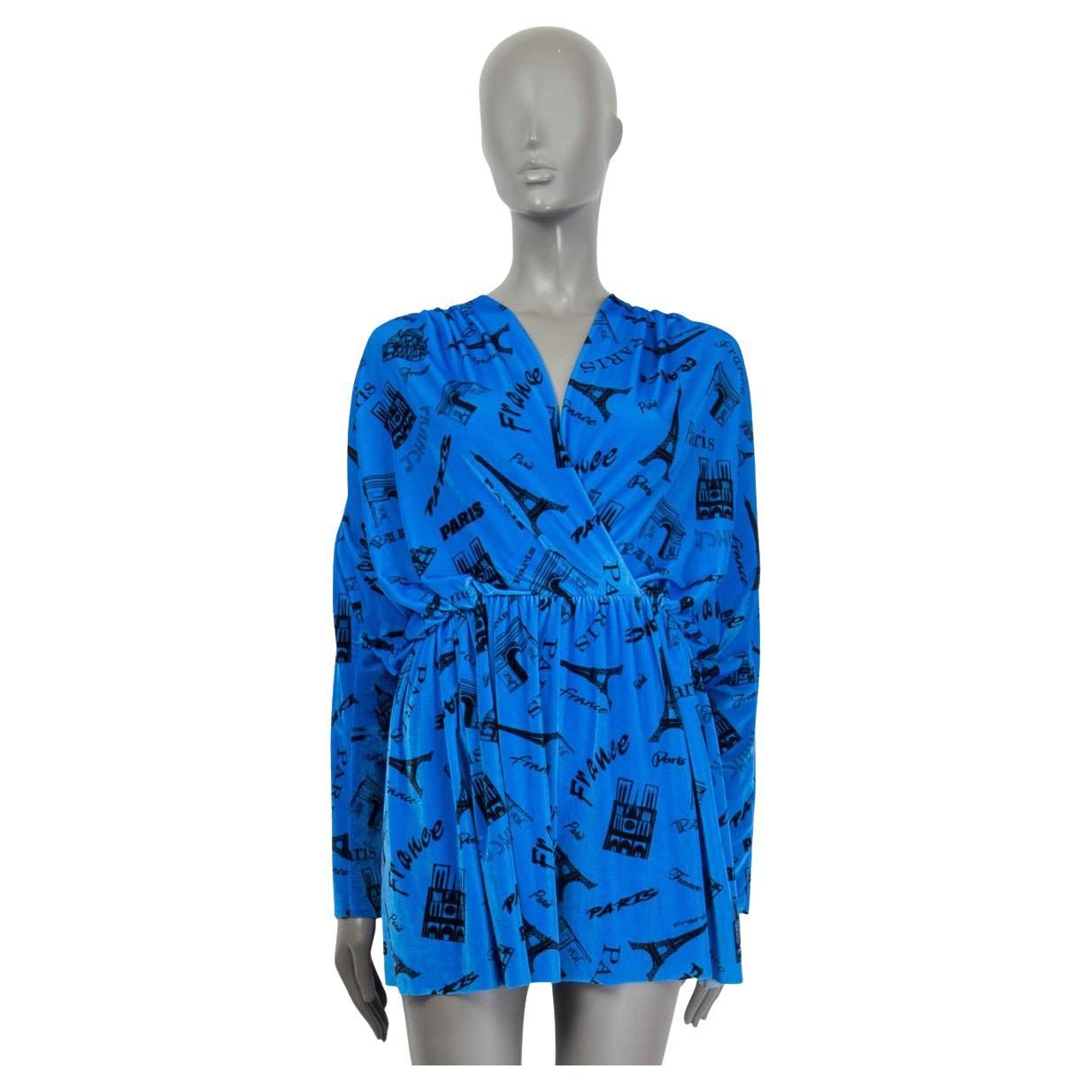 BALENCIAGA blue PARIS PRINT STRETCH VELVET SHORT Jumpsuit 36 XS For Sale