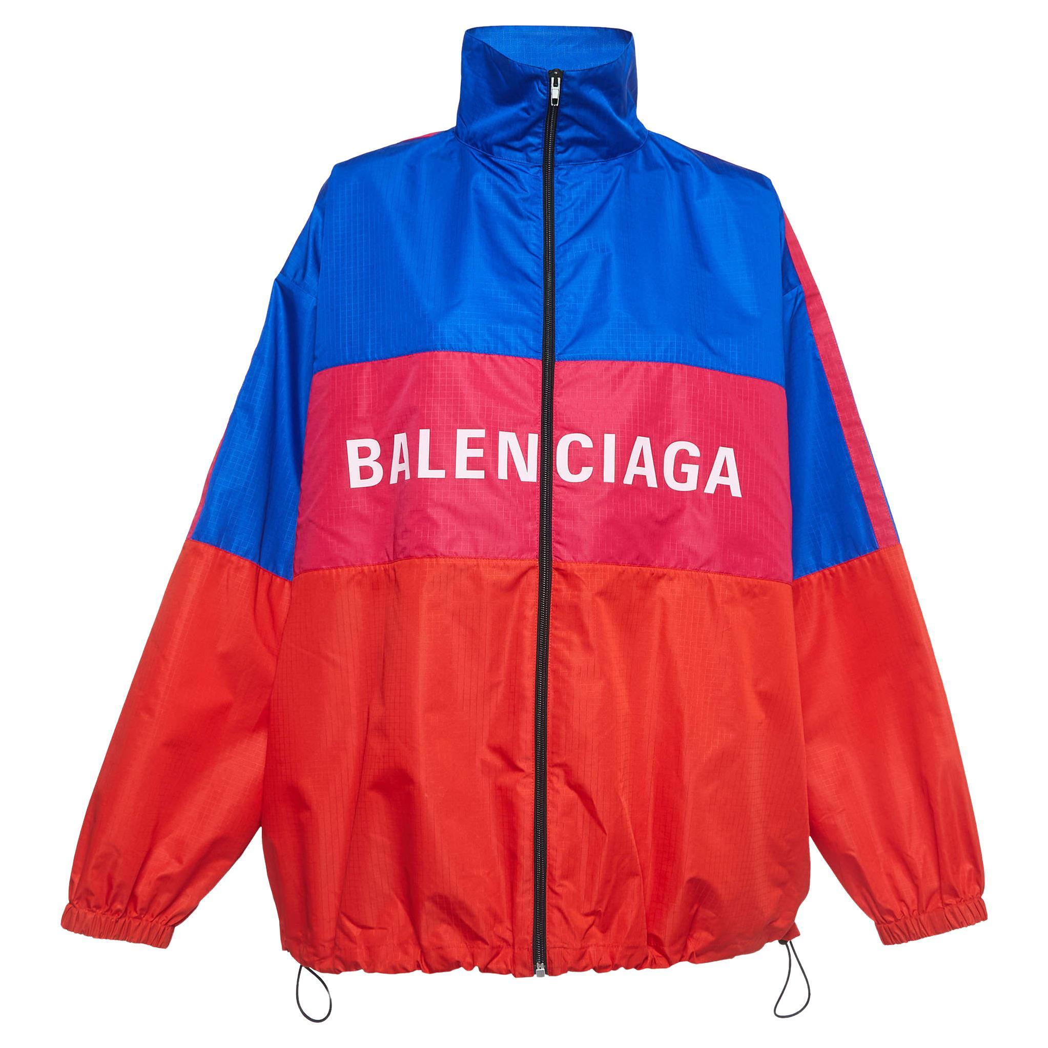 Balenciaga Blue/Red Logo Print Synthetic Windbreaker Jacket S For Sale