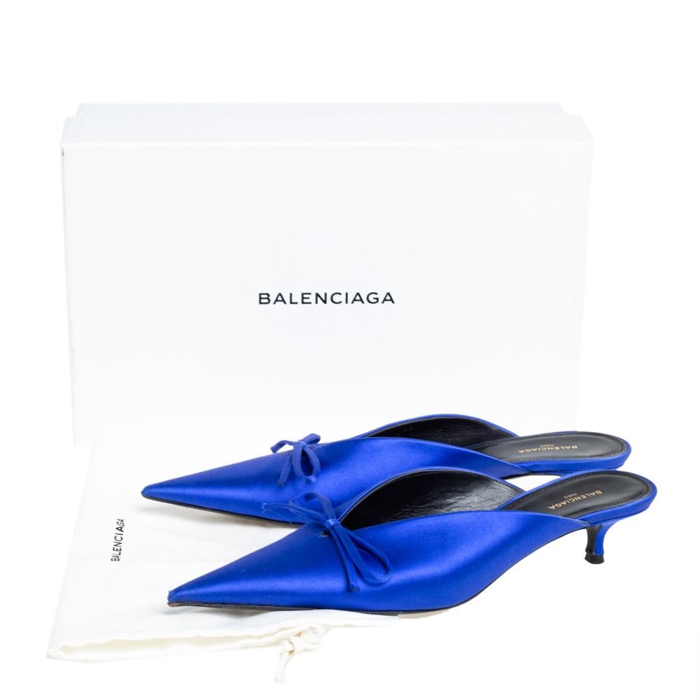 Balenciaga Blue Satin Bow Pointed Toe Mules Sandals Size 37 2