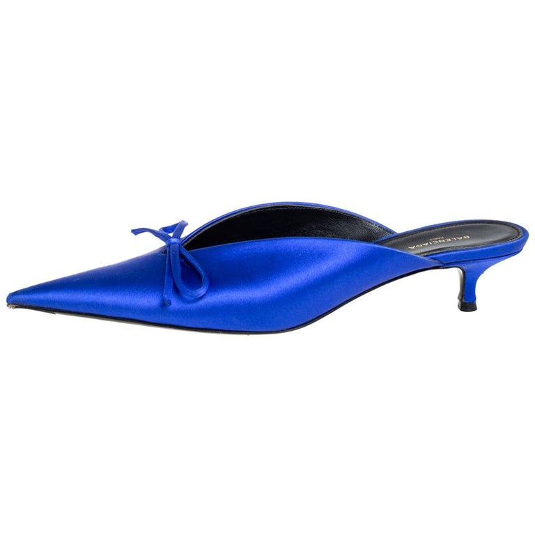 Balenciaga Blue Satin Bow Pointed Toe Mules Sandals Size 37 at 1stDibs
