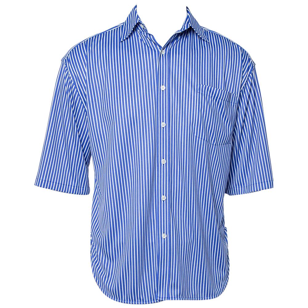 Balenciaga Blue Striped Knit Hi-Low Hem Oversized Shirt XS