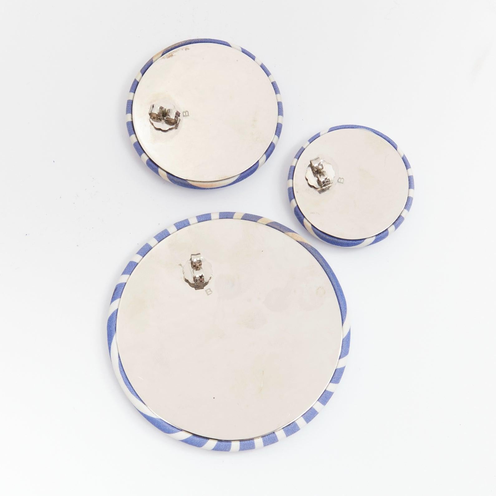 BALENCIAGA blue stripes fabric round badges studs earrings Set 3 For Sale 2