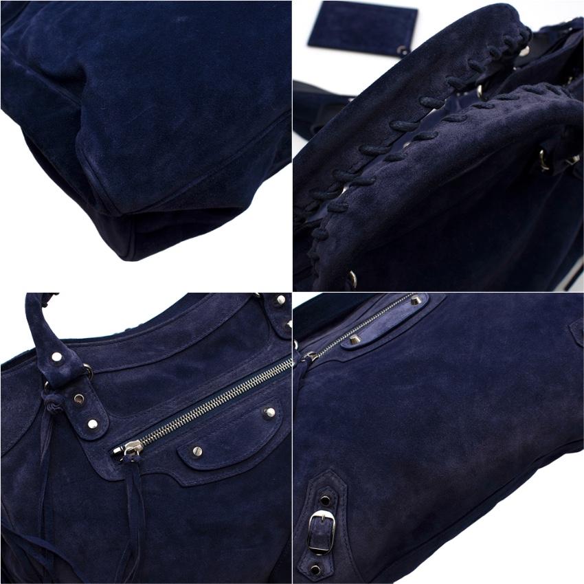 Black Balenciaga Blue Suede Fringed Classic City Bag