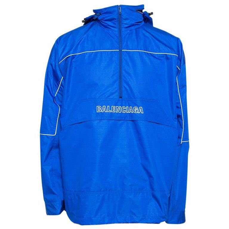 Balenciaga Blue Synthetic Logo Embroidered Oversized Wind Breaker Hoodie XS  at 1stDibs