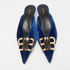 Balenciaga Blue Velvet BB Logo Pointed Toe Mules Size 37