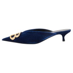 Balenciaga Blue Velvet BB Logo Pointed Toe Mules Size 37