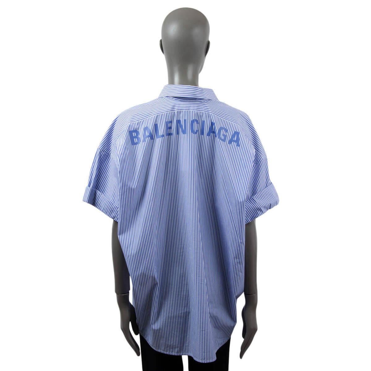 BALENCIAGA blue white cotton STRIPED OVERSIZED SHORT SLEEVE Shirt 34 XXS In Excellent Condition In Zürich, CH