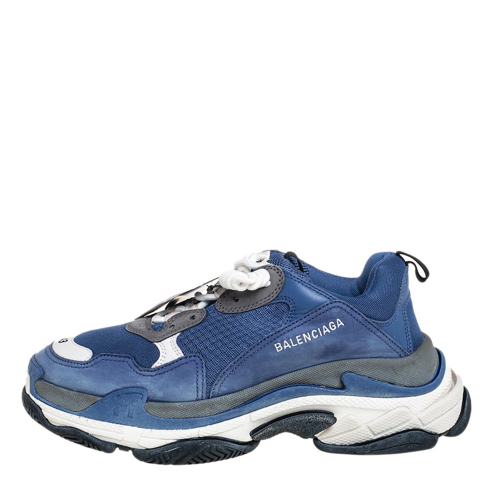 Men's Balenciaga Blue/White Mesh And Leather Triple S Low Top Sneakers Size 43