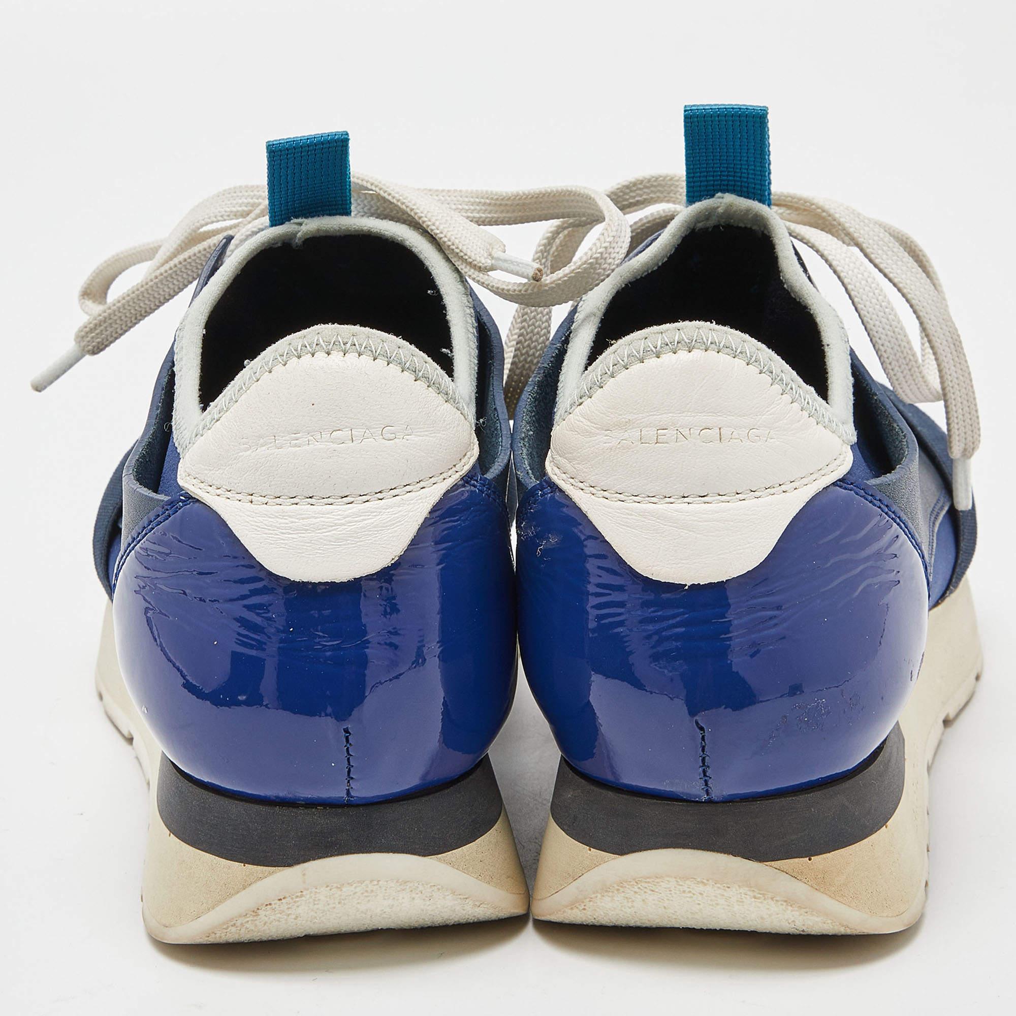 Women's Balenciaga Blue/White Patent Mesh and Leather Race Runner Sneakers Size 36 For Sale